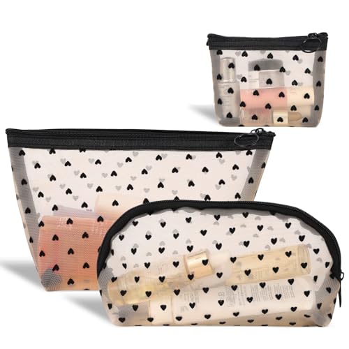RYMAUP® 3 bolsas de maquillaje de malla con estampado de corazón,...