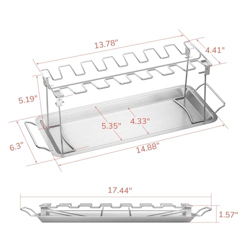 G.a HOMEFAVOR 14-Slot Chicken Leg Rack for Grill & Wings - Premium Stainless Steel Foldable Roasting Rack with Detachable Drip Pan, Dishwasher-Safe BBQ Accessories for Oven, Grill, Camping, Parties