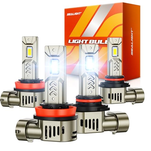 SEALIGHT 9005/HB3 H11/H9/H8 LED Headlight Bulbs Combo, 90000LM 10X Bright 6500K Daylight White, 25000RPM Cooling Fan Light Bulbs, Pack of 4