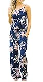 Artfish Women Casual Sleeveless Spaghetti Strap Floral Printed Lounge Pajama Jumpsuit Rompers (L,Dar
