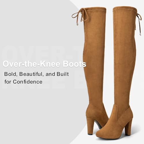 Image of Vepose Women's Suede Thigh High Over the Knee Boots with Block Heel | Above knee heeled silhouette, Tall shaft, Long boot shape, Inside zipper, 3.5 in heel, Skirt and jeans styling, Concerts