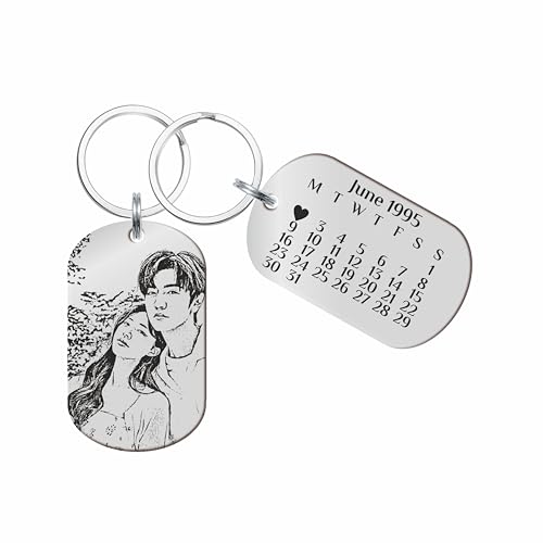 Image of Customized Photo Keychain & Date Engraved Calendar Keychain on Stainless Steel Best Gift For Couple, Bridesmaid, Women, Men And All To Your Loved Ones