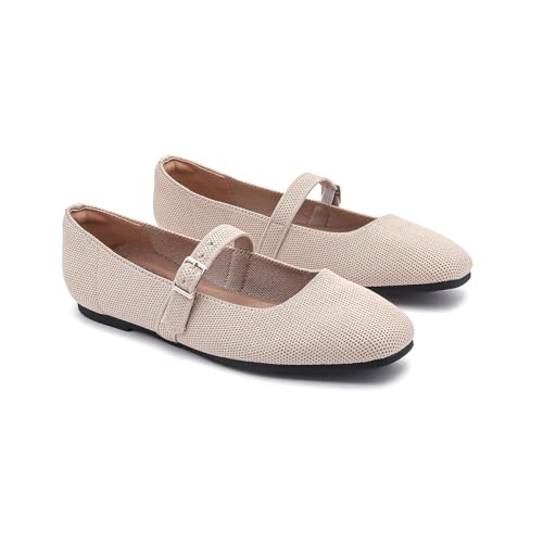 Women Knit Square Toe Ballet Flats Mary Jane Shoes with Adjustable Straps Slip On Comfortable Washable Office Dressy Casual Flat 168-beige-404