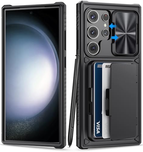 BXYJY for Samsung Galaxy S23 Ultra Case with Card Holder & Kickstand & Slide Camera Protector, Military Grade Drop Shockproof Silicone Wallet Phone Case Cover for Galaxy S23 Ultra 5g 2023, Black