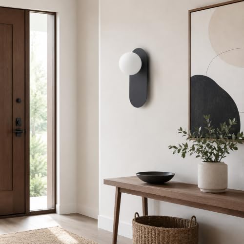 Image of Mid Century Modern Black Globe Wall Light Fixture for Bedroom | Milk Glass Sphere Lampshade,Matte Black Backplate,Warm Ambient Lighting,Up or Down Installation,Suit for Bedside and Corridor