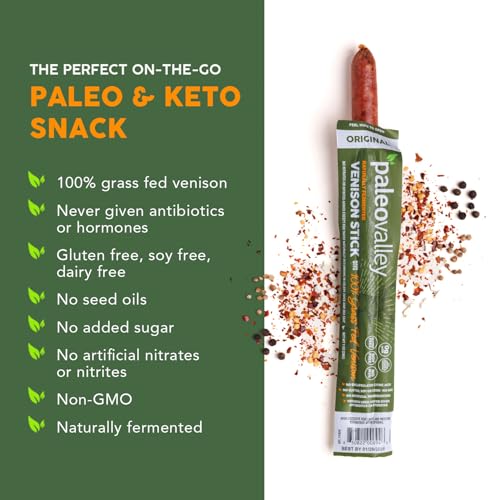 Paleovalley 100% Grass Fed Venison Sticks – 10 Pack – Keto-Friendly, High Protein, Low-Calorie Snack – Omega-3 Rich, Gluten-Free, Nitrate-Free, Naturally Flavored – Healthy On-the-Go Meat Snack