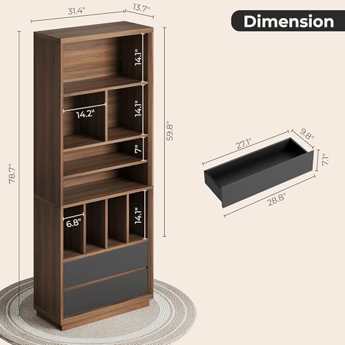 Bookcase with 2 Drawers, 9 Open Storage Cubes | 78.7" Tall Bookshelf, Modern Display Wooden Bookcases for Home Office, Living Room, Study, Black Walnut - Image 3