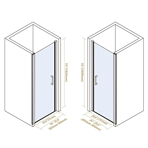 Bathroom Shower Door, Frameless Tempered Glass Shower Door, 34-35.6”W X 72”H Shower Panel, H-Type Single Shower Swing Door, Matte Black Finish With Handle #TOP5