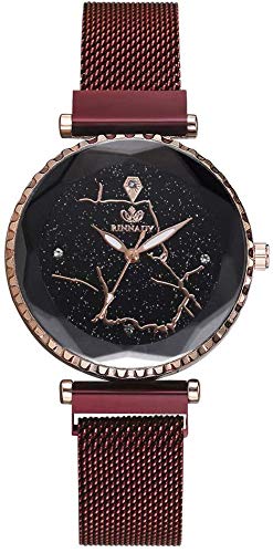 Damenuhr Quarz-Armbanduhr mit rundem Zifferblatt Planisphere Sternenhimmel-Uhr mit magnetischer Schnalle für Elegante Frauen, Rot
