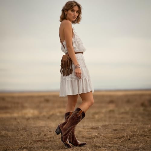 Image of Agodor Cowboy Boots For Women, Cowgirl Ladies Mid Calf Boots with Classic Studded Pointed Toe Chunky Heel Pull On Fashion Dress Wedding Western Booties