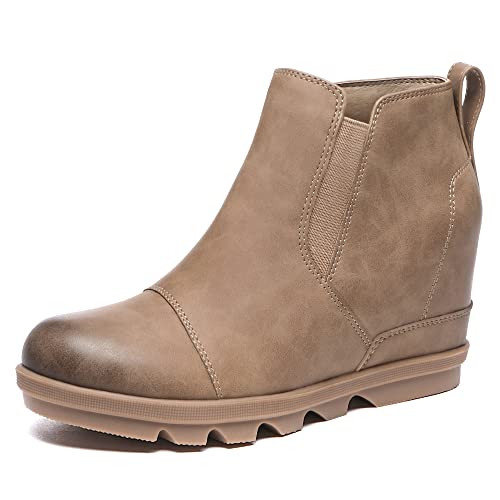 Athlefit Women's Wedge Ankle Boots Comfort Slip-On Waterproof Leather Platform Booties