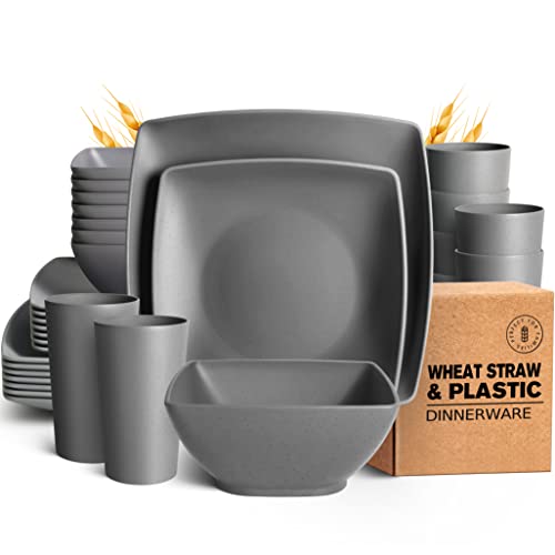 Teivio 32-piece Plastic Wheat Straw Square Dinnerware Set for 8, Unbreakable Dinner Plates, Salad Plates, Snack Bowls, Tumblers 20 oz, Dishwasher Safe, Grey