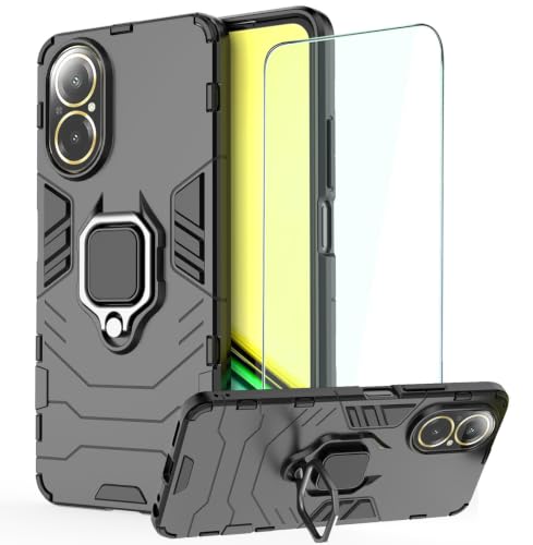DERHAN Funda para Realme C67, Fundas Resistente​y Duradero con Cristal Templado, Carcasa Antigolpes Bumper con Soporte Anillo - Negro