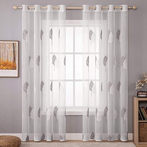 MIULEE 2 Panels Sheer Curtains Grey and White Embroidered Leaves Sheer Curtains Elegant Grommet Window Voile Panels/Drapes/Treatment for Bedroom Living Room (54X96 Inch) by MIULEE - Used condition - CA$30.12