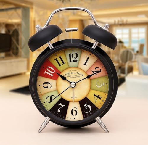 Image of Vintage Twin Bell Alarm Clock, Classic Retro Metal Table Clock, Roman Numeral Analog, Battery Operated, Antique Style, for Bedroom, Bedside, Office, Two Colour Bronze & Copper (Black)