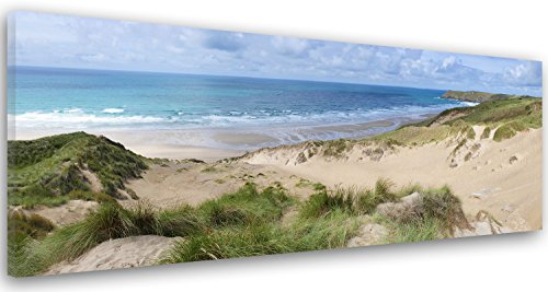 Feeby Leinwand Bilder - Bild Wohnzimmer - Meer Strand Dünen Landschaft Blau - 150x60 cm 1tlg - Deko Schlafzimmer Groß - Dekoration Canvas - Gemälde - Modern Wandbilder - Kunstdruck