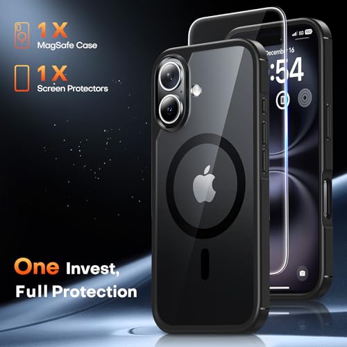 Image of TAURI for iPhone 16 Case, Compatible with MagSafe, Black | with Screen Protector, Not-Yellowing Military-Grade Protection, Shockproof Slim Magnetic Case for iPhone 16