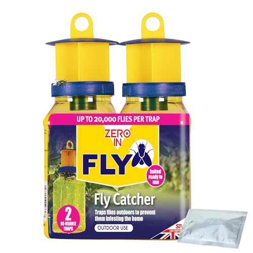 Zero In Outdoor Fly Trap - Ready-Baited Fly Catcher Twin Pack - Non-Toxic Insect Trap to Attract & Trap Bugs - Suitable for Garden & Outdoor Use Lasts up to 2-3 Weeks