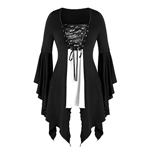 Aniywn Blusa feminina de Halloween plus size, manga longa flare com lantejoulas, com cadarço, estilo gótico, Branco, M