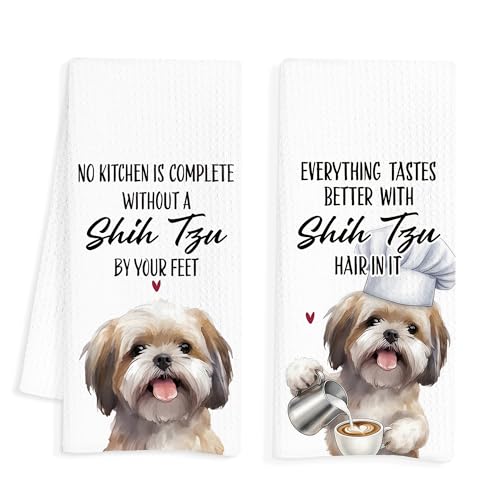 INDAJEDN Shih Tzu Coffee Gifts Kitchen Towels Set of 2, Shih Tzu Gifts for Women, Funny Dog Coffee Tea Dish Towels for Kitchen Decor, 16x24 Inch
