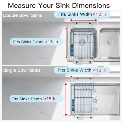 Image of JASIWAY Blue Dish Drying Rack in Sink, Dish Drainer with Utensil Holder