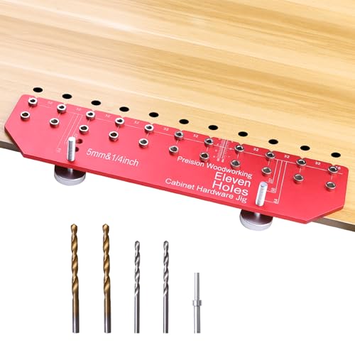Bueyfolt Shelf Pin Jig 11 Holes Self-contained Clamping Function All Metal Shelf Pin Drilling Jig Hardware Tool Drill Guide with 1/4 and 5mm Drill Bit