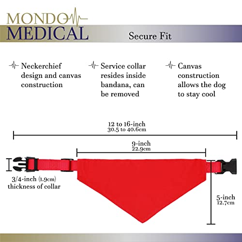 Mondo Medical Service Dog Bandana - 12-16in Neck Girth Service Dog Gear Reflective Dog Bandana Handkerchief Bib - Small Embroidered Service Animal Scarf Collar in Bright Red