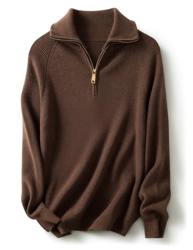Ciovkis Damen Merinowolle Mischung Pullover 2025 Herbst Winter Polo V Ausschnitt 1/4-Reißverschluss Lange Ärmel Strickpullover (Tan,M)