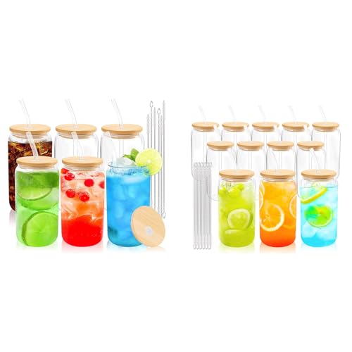 Joyclub Bundle of Glass Cups with Bamboo Lids and Straws 6 Set 16 oz and 12 Set Glass Cups with Bamboo Lids and Straws 16oz Can