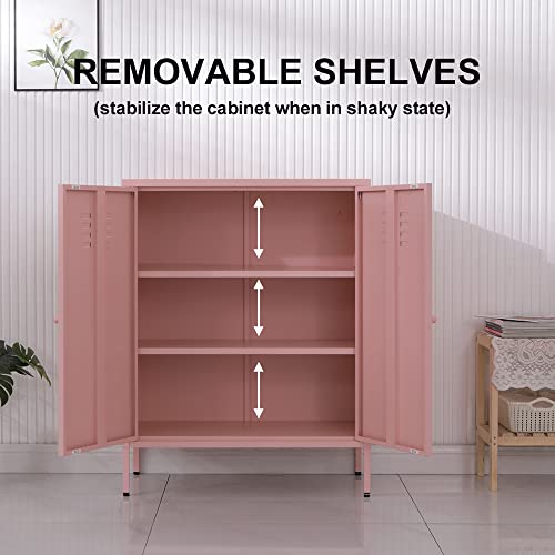 Wisuno Metal Accent Storage Cabinet For Bed Room,Living Room,Home,Hotel,Office,Garage,3-Tier,2 Removable Shelves (2 Metal Door H39.96'', Pink) #TOP4