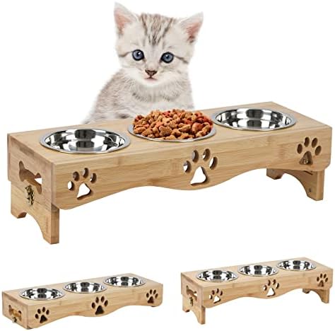 JAZUIHA Elevated Cat Bowls, Raised Cat Food Bowl Set Stainless Pet Dishes Feeder with Wooden Stand, Food and Water Bowl for Cat and Small Dog (Wood Color)