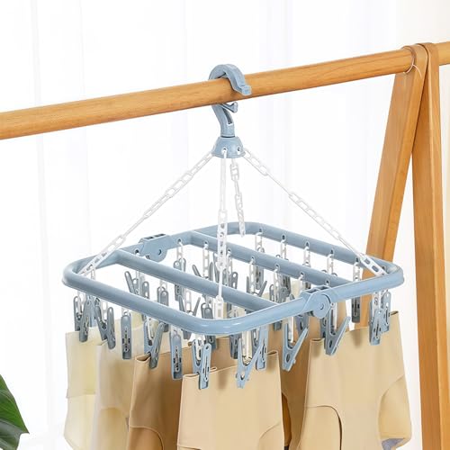 Ezranova Faltbarer Wäscheständer with 32 Clips Drehhaken Winddicht Kleiderbügel für Socken Unterwäsche Handtücher
