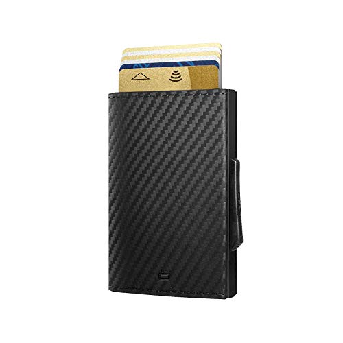 Ögon Smart Wallets - Cascade Slim Wallet - Cartera automática de Aluminio y Piel - Tarjetero RFID antirrobo - 8 Tarjetas y Billetes - Cuero Carbon / Aluminio Black Cover