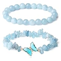 AWARDSEN 2Pcs Aigue-marine Bracelet Papillon Pierre Naturelle Femme 8mm Pierre Precieuse Bracelet Stretch Extensibles Perle Bijoux Cadeau pour Femme