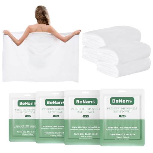 Benano Premium Disposable Towel 100% USDA Biobased 55 in x 27.5 in Large Bath Towel Travel Towel Washcloth Reusable for Hotel Camping Sports Hiking Beach Massage Salon Gym Biodegradable (4 Pack)