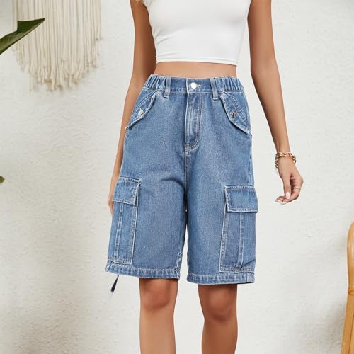 POHADON Womens 2026 Trendy High Waisted Denim Shorts Bermuda Baggy Y2K Cargo Shorts Casual Summer Jean Jorts (Blue,S) — view 2