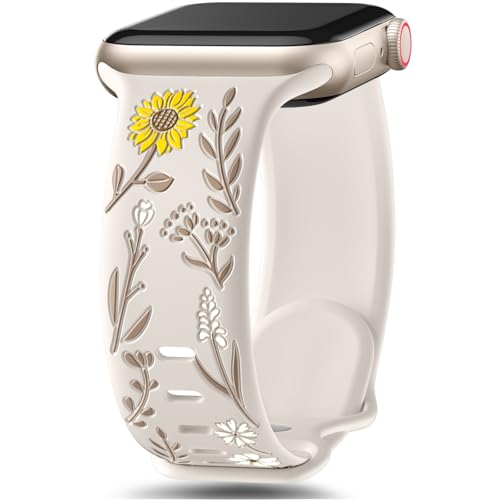 SNBLK Floral Band Compatible with Cute Apple Watch Bands for Women 40mm 41mm 38mm 42mm 44mm 45mm 46mm 49mm, Flower Engraved Silicone Inlay Dressy Strap for iWatch Series 10 9 8 7 6 5 4 3 2 1