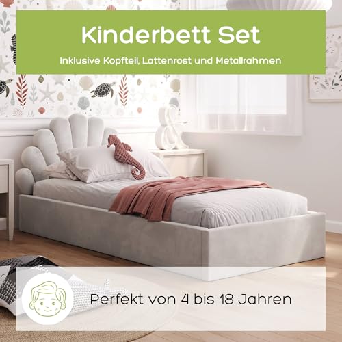 Cama infantil tapizada de 90 x 200 cm gris con somier para niños 4