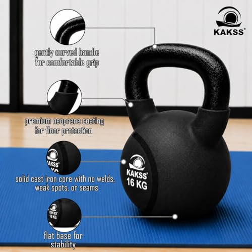 Image of KAKSS Half Coating Neoprene Kettlebell, 16kg Black Cast Iron Kettle Bell with Non-Slip Grip Handle for Strength Training, Home Gym Workout Equipment for Men & Women (Proudly Made in India)