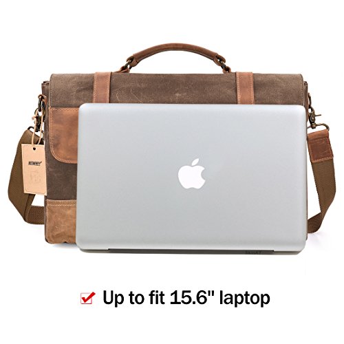 Newhey Mens Messenger Bag Waterproof Canvas Leather Computer Laptop Bag 15.6 Inch Briefcase Case Vintage Retro Waxed Canvas Genuine Leather Large Satchel Shoulder Bag College Brown #TOP4
