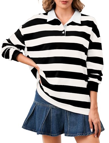 Soamat Women's Oversized Striped Polo Sweatshirt Long Sleeve Rugby Collared Pullover Tops Loose Fit Shirt, Black White, XL