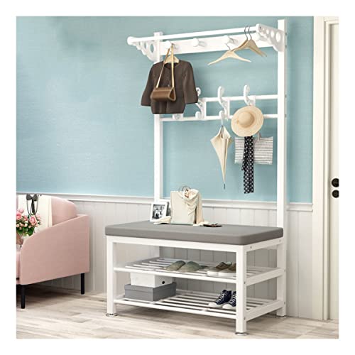 BBioss Perchero de Entrada, Banco para Zapatos, Estante de Almacenamiento con Blanco y Gris, 80 x 33 x 172 cm