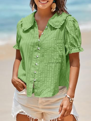 Image of Tankaneo Womens Puff Sleeve Shirts Peter Pan Collar Button Down Cotton Blouse Casual Summer Textured Tops