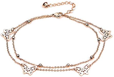 JewelryPal Sexy Cute Butterfly Ankle Foot Chain Bracelet Stainless Steel Adjustable Rose Gold Anklets for Women Girls
