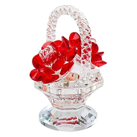 Crystal Rose Basket Collectible Figurines for Women, Ruby Glass Flower Gifts for Mum on Birthday Anniversary, Centerpiece Ornaments for Home Decor Christmas (Red) Cover