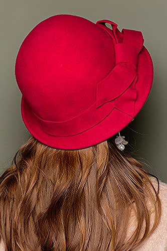 Bellady Women Solid Color Winter Hat Wool Cloche Bucket with Bow Accent,Red