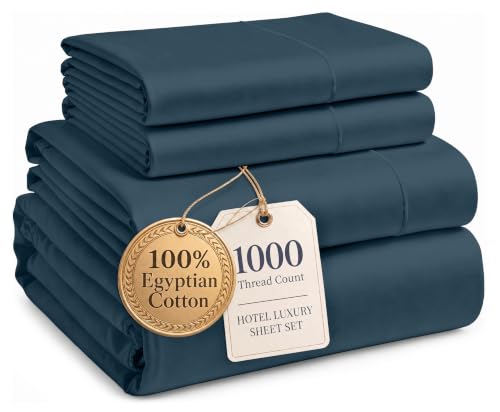 Image of LANE LINEN Full Size Sheet Sets 100% Egyptian Cotton Sateen - Estate Blue | Full Sheet Set - 4-Piece Set, 16 inch Deep-Pocket Snug Fit, 1000 Thread Count, Refreshes A Guest Room, Luxe Sheen,