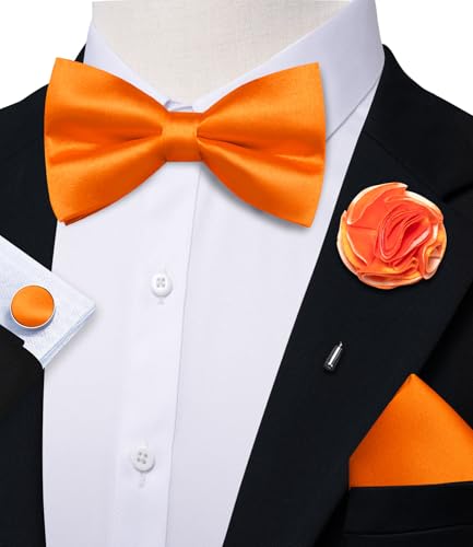 Image of Solid Color Bow Ties for Men Silk Pre-tied Tuxedo Bowtie Set 4PCS | Pre-tied in 3 seconds,adjustable 4PCS bow tie and pocket square cufflinks lapel pin set,wedding,formal,party,prom,graduation