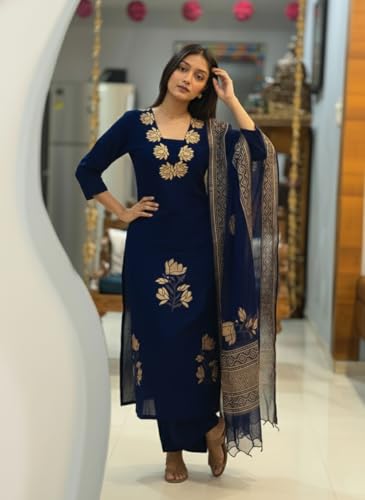 Image of ANNI Designer Women's Rayon Viscose Straight fit Printed Embroidered Kurta with Pant & Dupatta | Ethnic Kurta Set for Women | Daily, Office & Festive Traditional