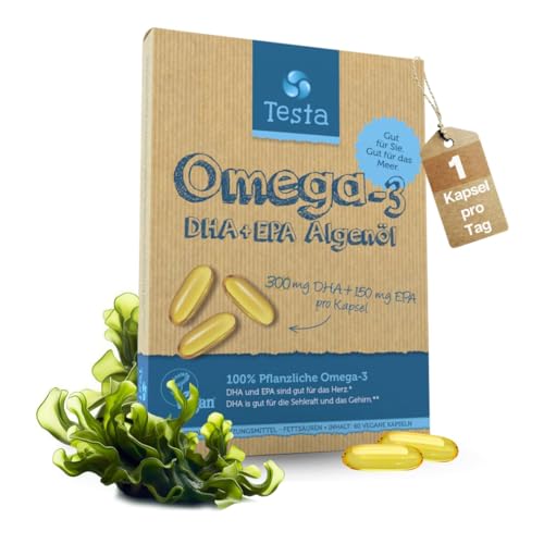 Omega 3 Vegan Algenöl – Hochdosiert 300mg DHA + 150mg EPA pro Kapsel - Nur 1 Kapsel pro Tag - Pflanzliches Omega 3 aus Algenöl - 60 Kapseln